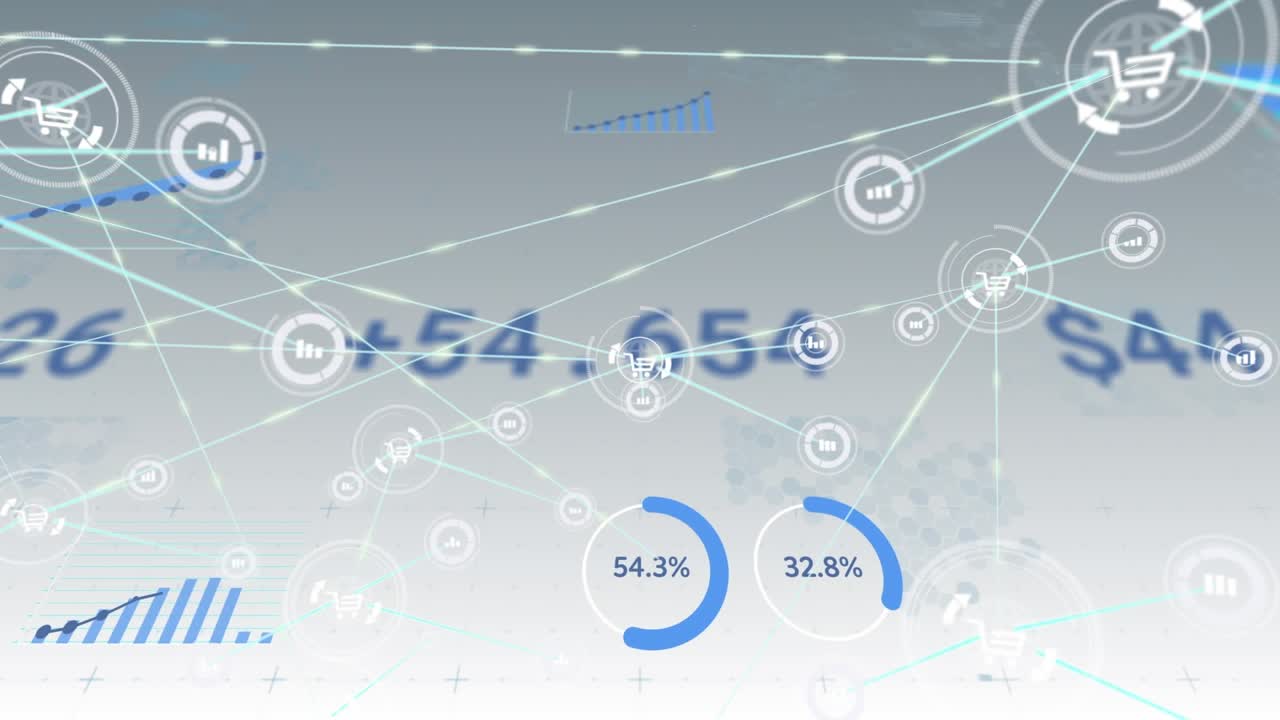 Animation of network of digital icons over statistical data processing against grey background