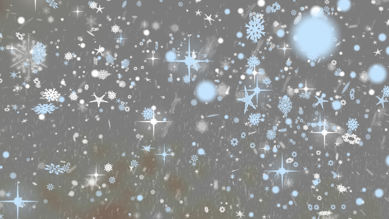 animación digital de nieve cayendo contra múltiples copos de nieve y iconos de estrellas en fondo gris