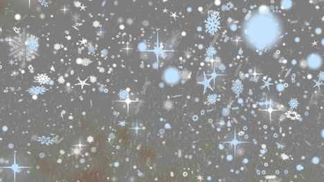 digital animation of snow falling against multiple snowflakes and stars icons on grey background