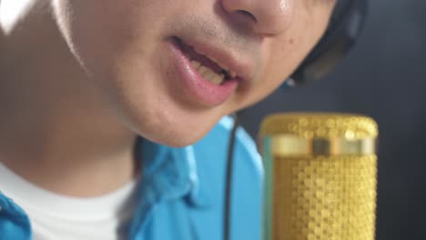 hombre cantando en un micrófono en un estudio de grabación