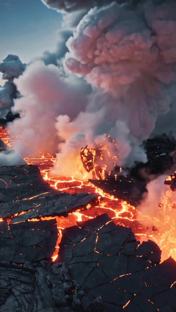 Video verticale: Telecamera che segue lava incandescente che scorre su roccia in un campo lavico, incontrando l'acqua.