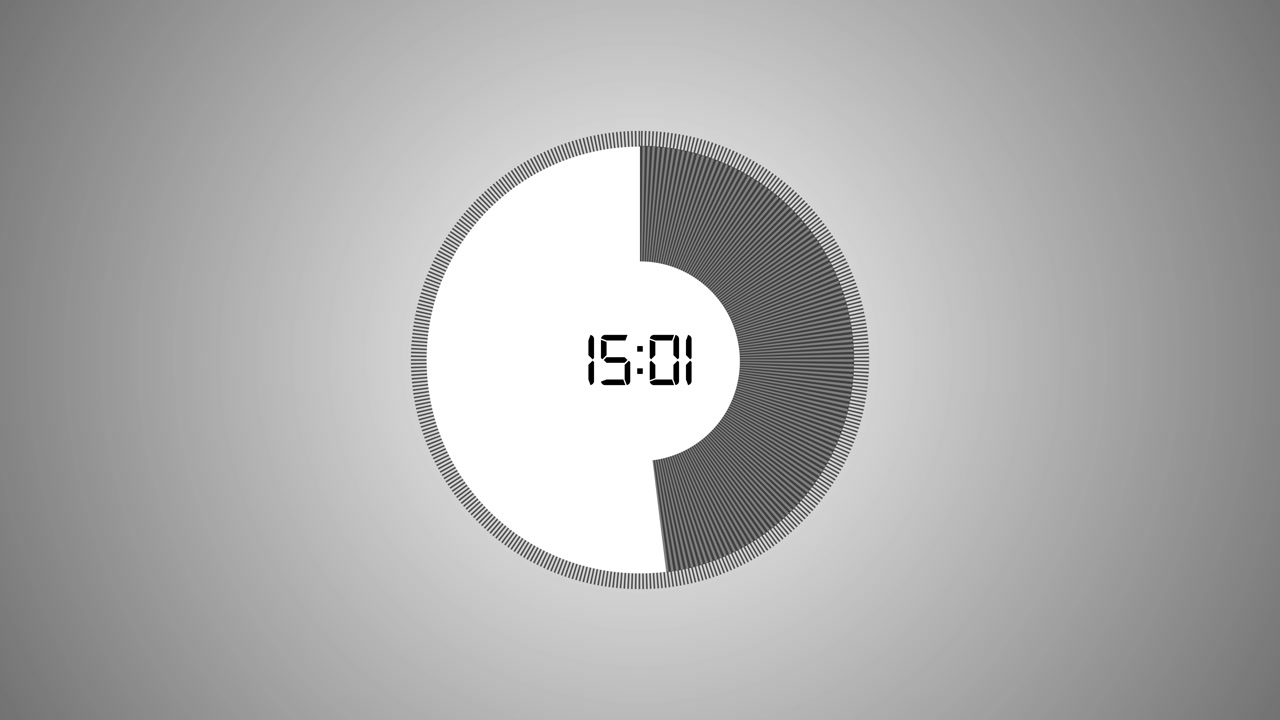 Clean digital timer progress loop with central clock readout circular scale and soft gray studio
