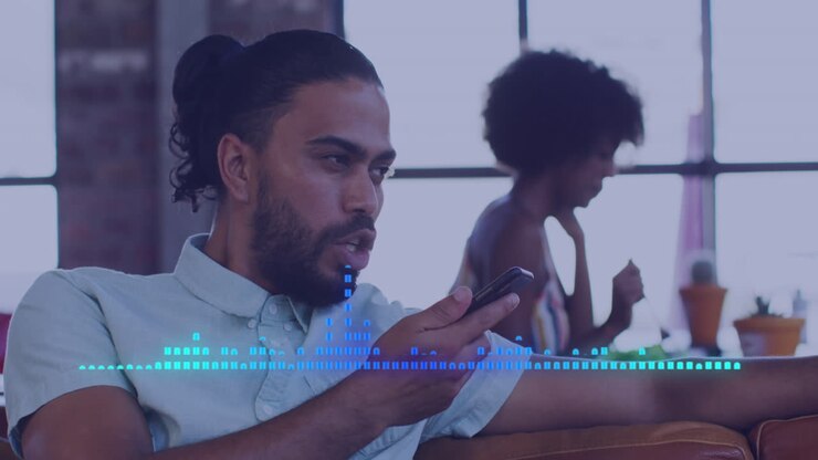 Animation of moving columns over biracial businessman talking on smartphone