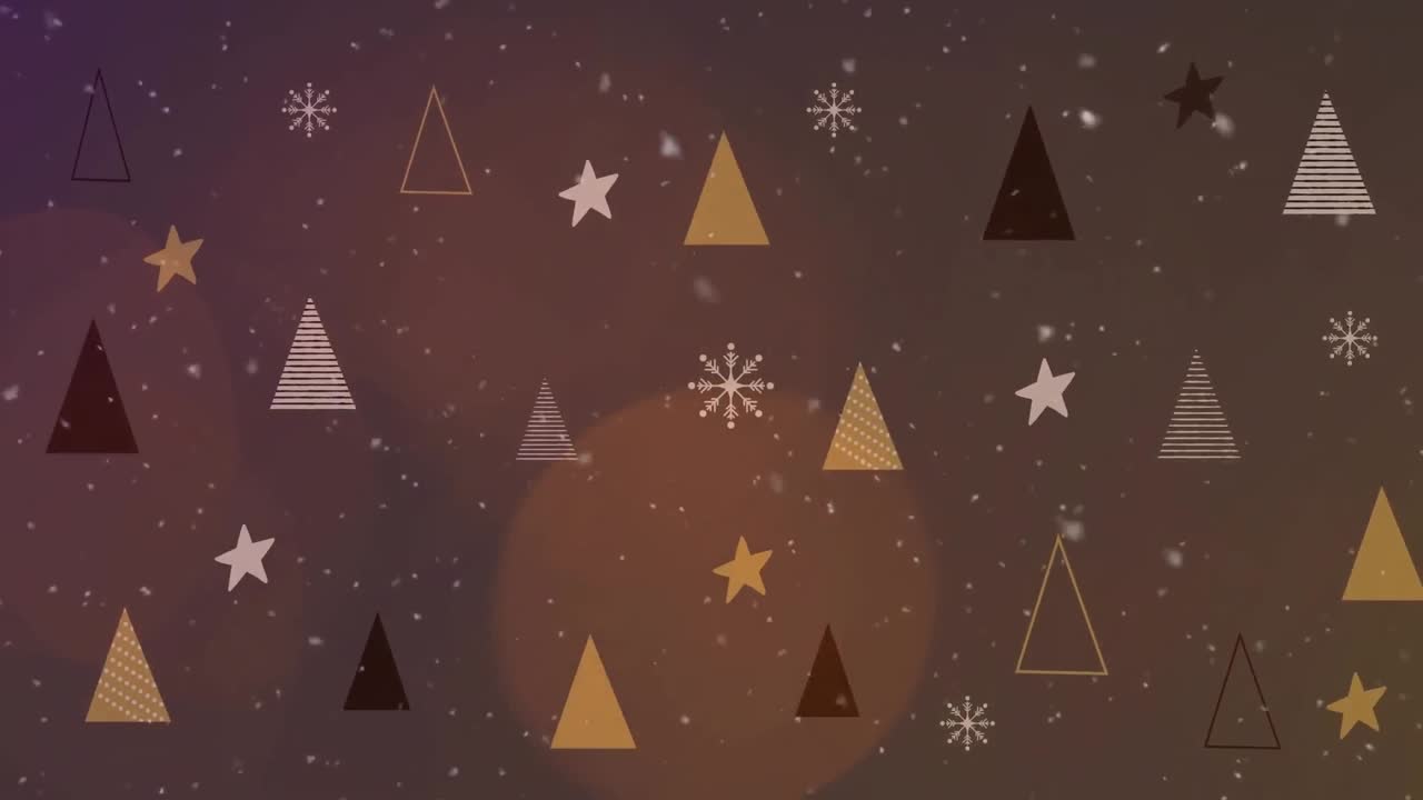 animación de nieve cayendo sobre árboles y manchas de luz sobre fondo marrón.