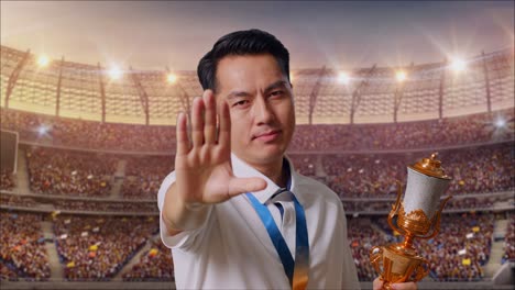 close up of asian man with a gold medal and trophy disapproving with no hand sign and smiling to camera at the stadium