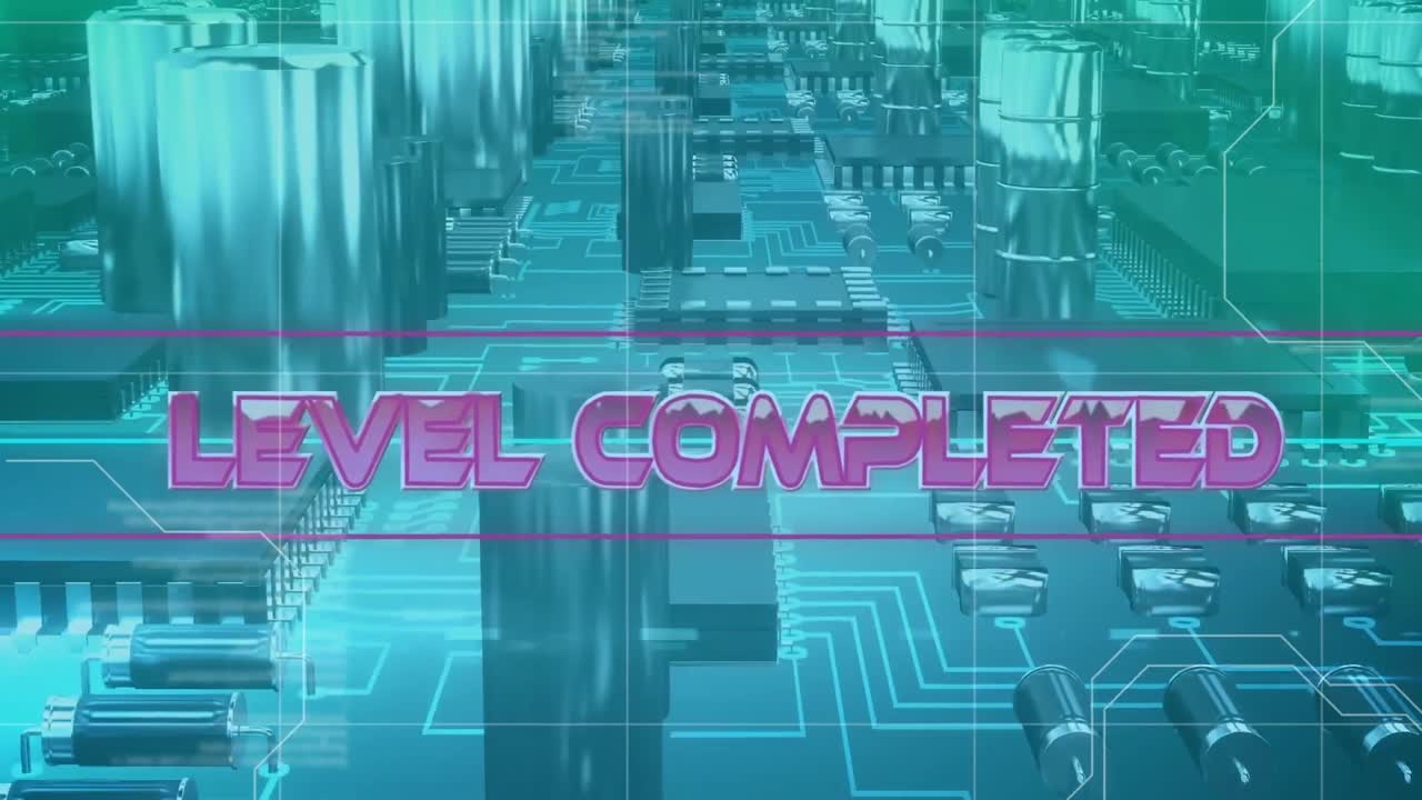 회로판의 클로즈업에 대한 레벨 완료 텍스트 배너의 애니메이션