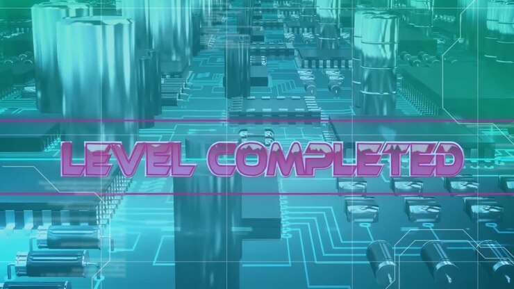 Animation of level completed text banner against close up of a circuit board