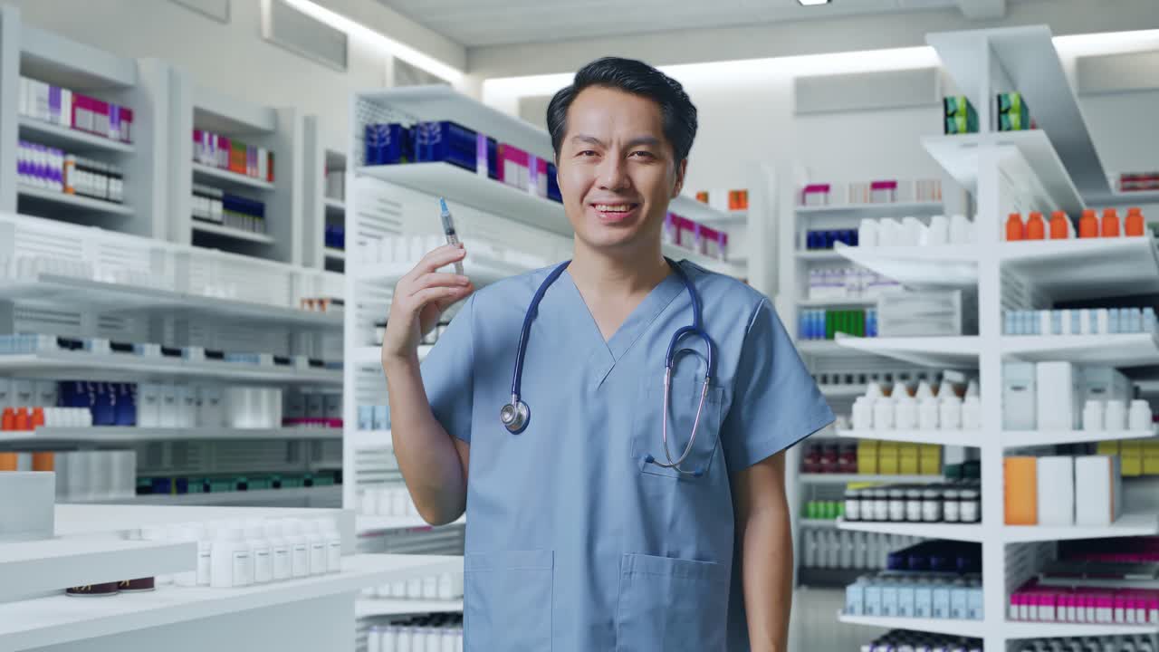 약국 에서 주사기 를 들고 있는 의사