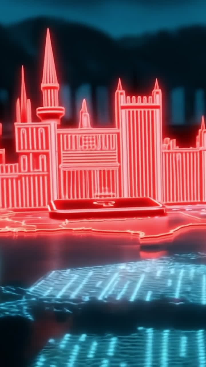 Lit landmarks in a digital city. A futuristic city model showcases illuminated structures against a dark backdrop, highlighting urban design creativity.