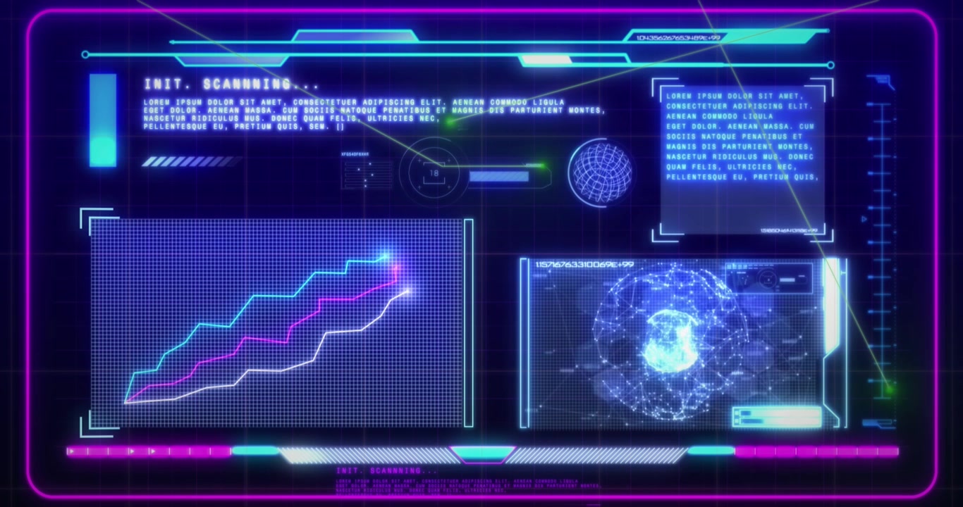 Futuristic Digital Interface with Data Graphs and Rotating Globe