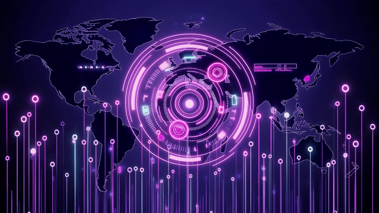 Digital World Map with Glowing Data Network Interface