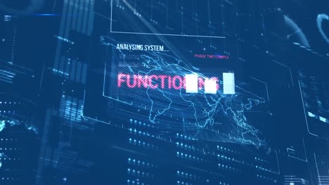 Animación-Del-Procesamiento-De-Datos-Y-Mapa-Mundial-Sobre-Fondo-Azul