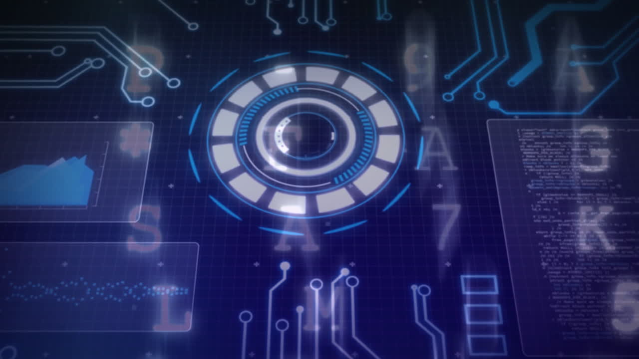 Animazione di schemi di circuiti e visualizzazione dati in un'interfaccia digitale futuristica.