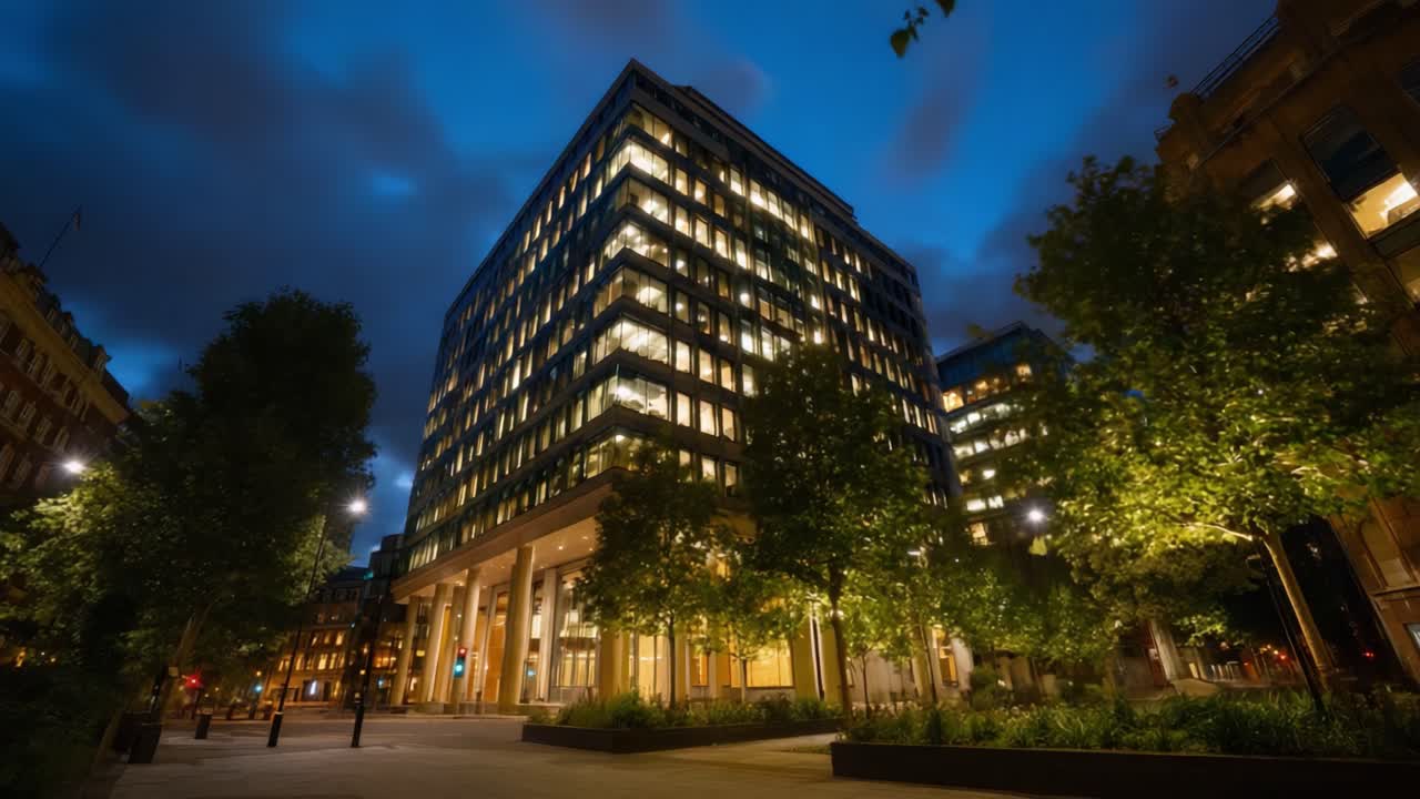 Um único prédio de escritórios moderno iluminado contra o céu noturno, exibindo arquitetura contemporânea e vegetação em um ambiente urbano