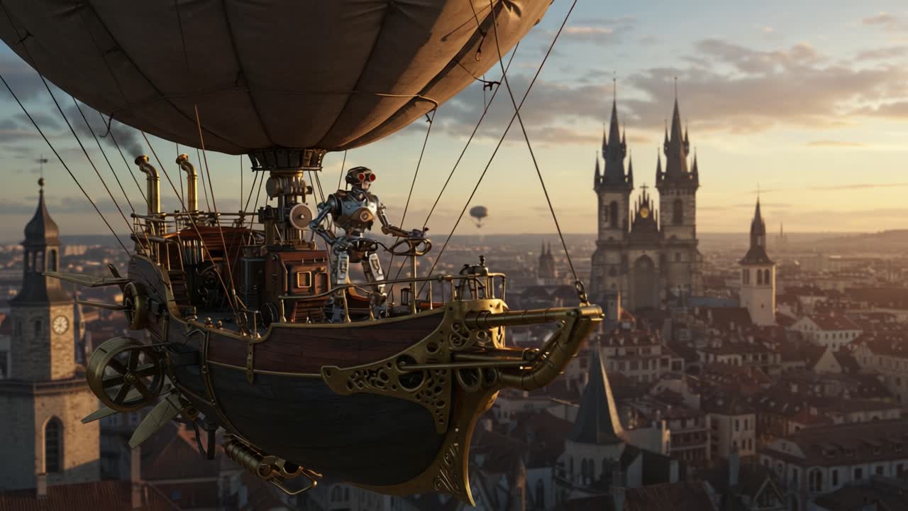 A Stunning Steampunk Scene of a Mechanical Airship Soaring Above a Historical Cityscape, Showcasing Architectural Marvels and Ingenious Design Elements of a Bygone Era