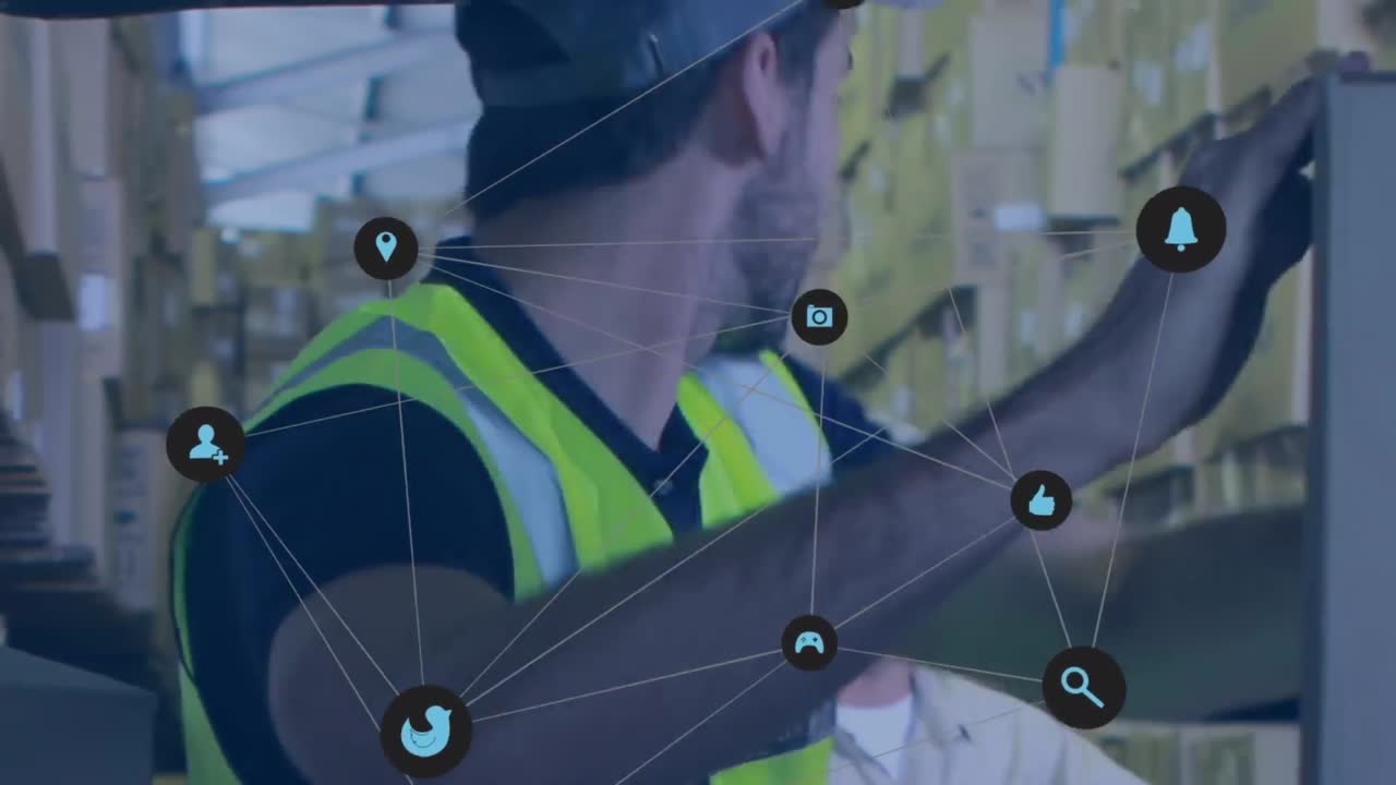 animación de una red de iconos digitales contra un trabajador caucásico cargando cajas en una furgoneta de entrega