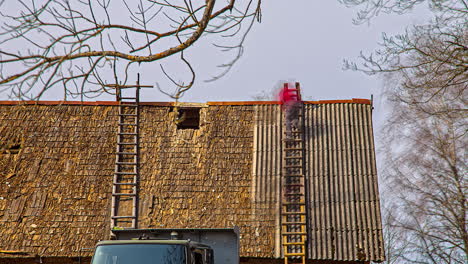 roofing contractor changing corrugated galvanized roof, construction timelapse