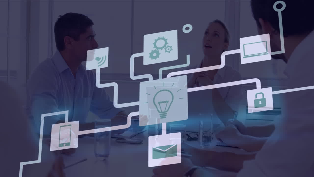 Animation of connections with icons and data processing over diverse business people