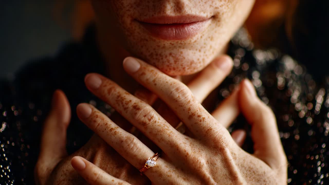 A Close-Up on Expressive Hands and Freckled Skin: Exploring Intimacy and Beauty in the Details, Highlighting the Symbolism of Jewelry and Personal Connection