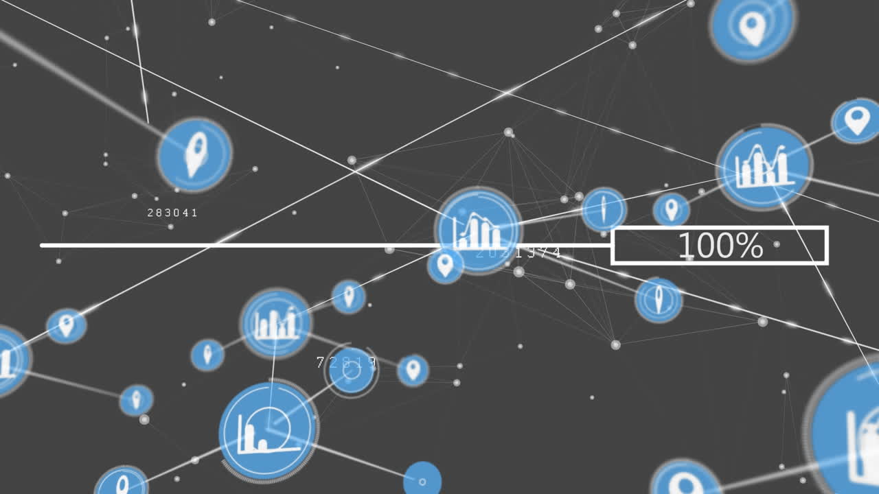 연결 네트워크를 통한 로딩 퍼센트 바와 회색 배경의 디지털 아이콘의 애니메이션