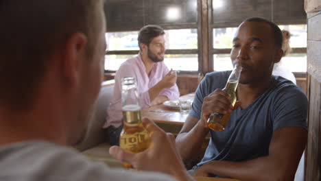 two male friends in a bar making a toast with beer bottles