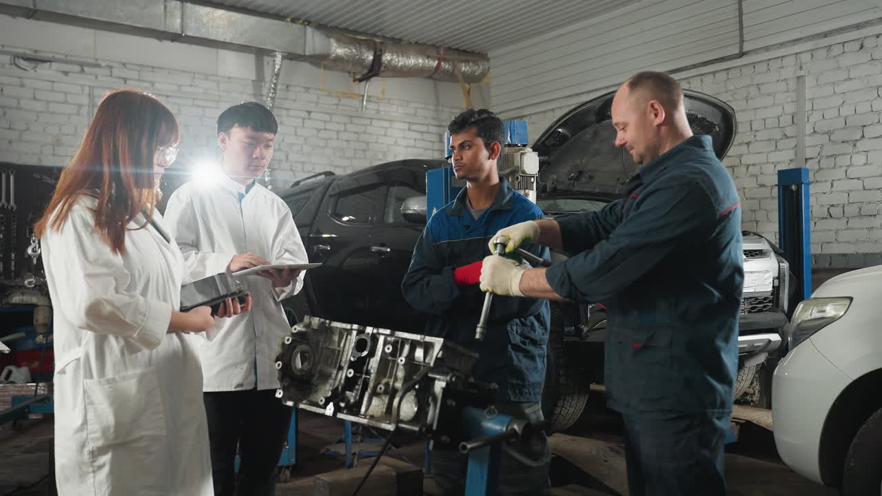 un ingeniero demuestra cómo soltar un perno mientras los estudiantes toman notas en cuadernos, otro colega observa atentamente en un taller automotriz lleno de maquinaria y motores de automóviles en el fondo