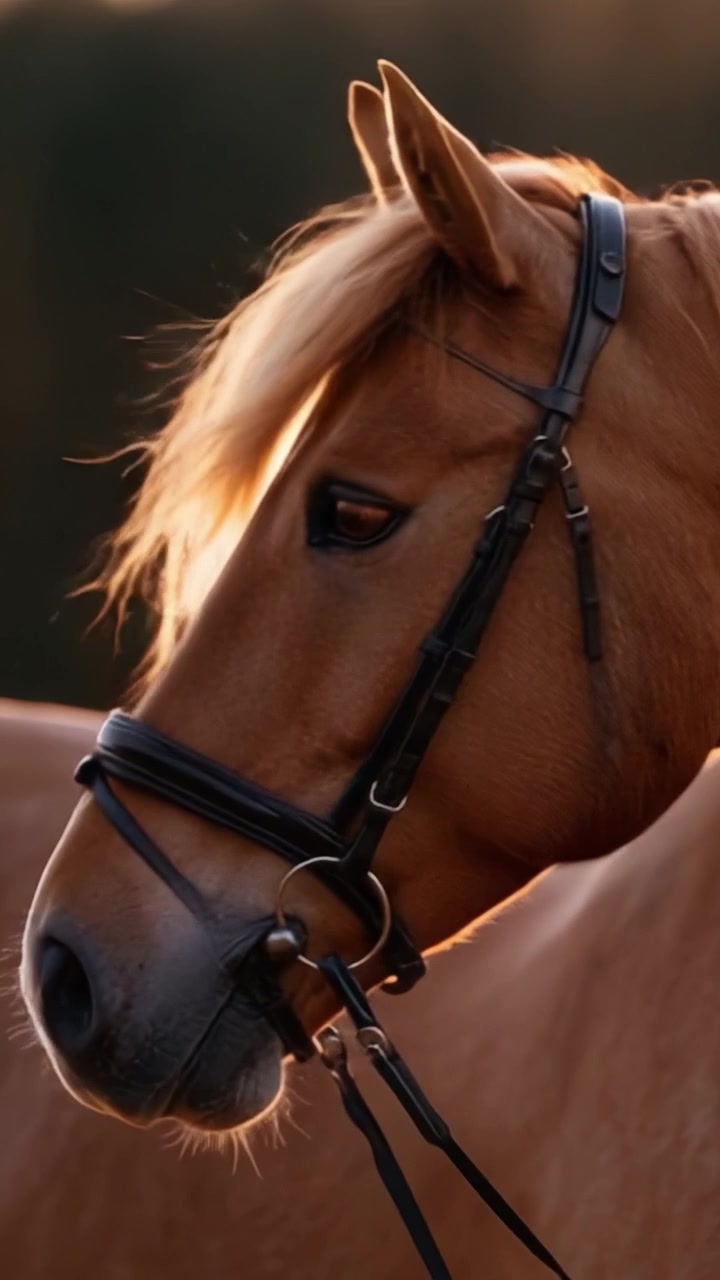 Primo piano di un bellissimo cavallo con criniera fluente sotto la calda luce del tramonto, che ne evidenzia le caratteristiche e la presenza aggraziata in un ambiente di campo aperto.
