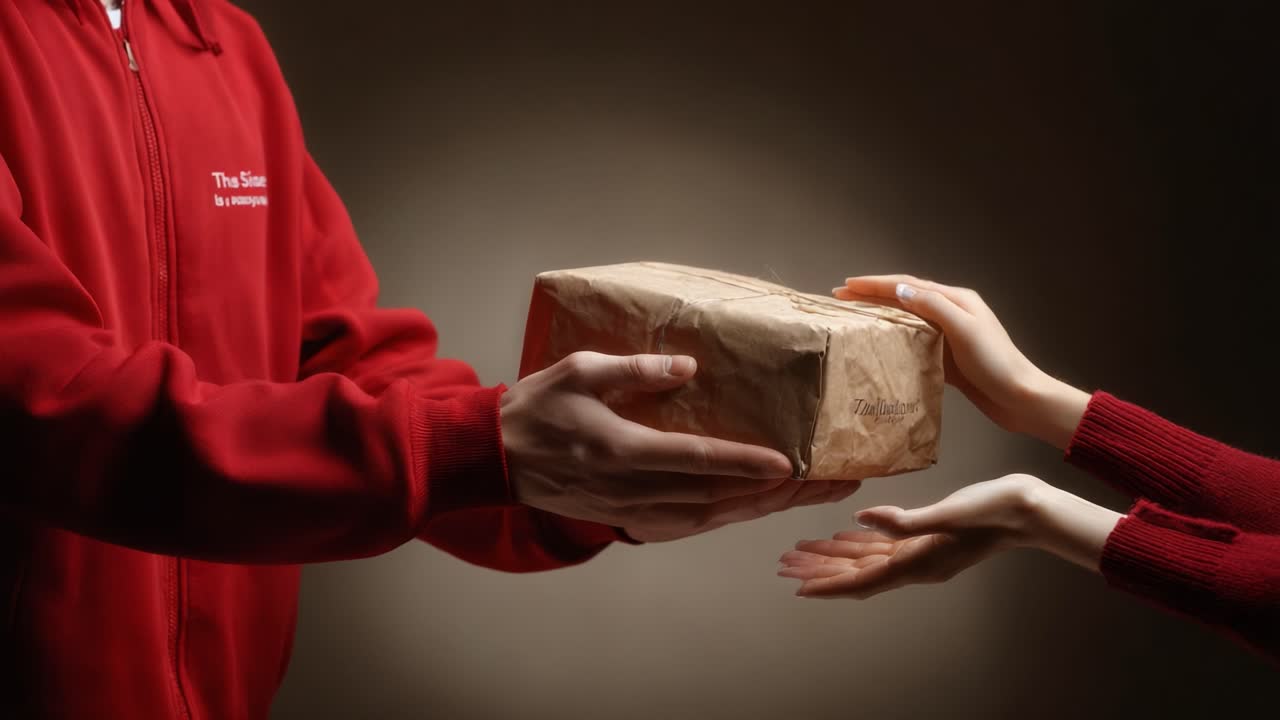 A Dramatic Package Exchange: The Moments of a Hand-off Between a Delivery Person and a Receiver in a Softly Lit Environment, Highlighting the Act of Giving and Receiving