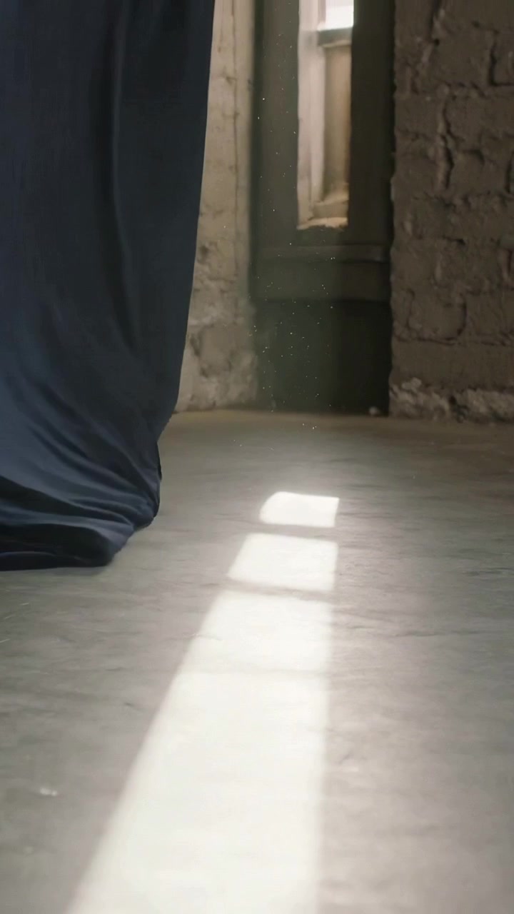 Video verticale: Tenda blu scuro che si apre rivelando una finestra con la luce del sole che entra, particelle di polvere, spazio per il testo