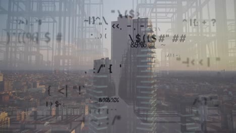 animation of connections with icons and data processing over cityscape