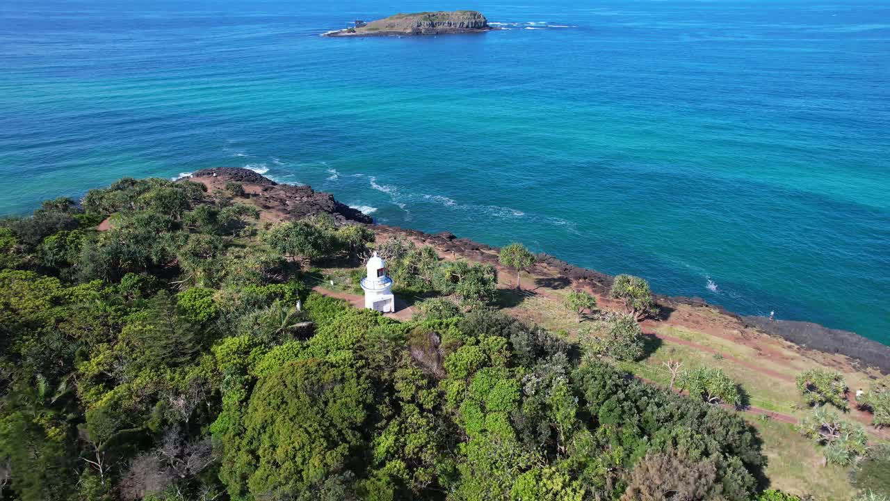Cook Island Seen From Fingal Headland With Lighthouse In New South Wale, Australia. - aerial shot