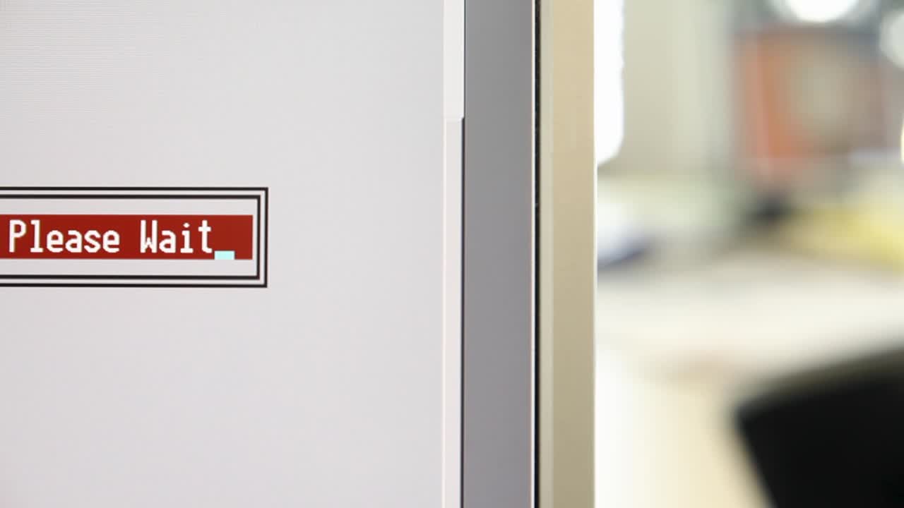 крупный план сообщения "пожалуйста, подождите" на экране с размытым офисным фоном