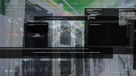 animation of black screens with data processing over world map and server room