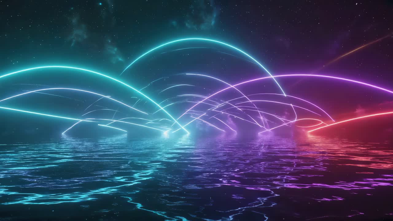 Abstract Neon Lights Reflecting on Water