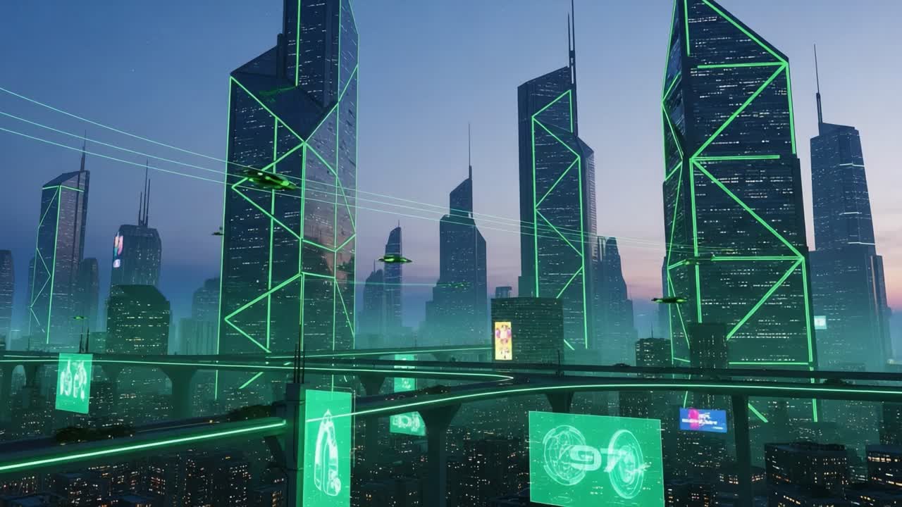 Futuristic Urban Landscape Featuring Sleek Skyscrapers with Neon Green Accents and Advanced Transportation Infrastructure Embodying a High-Tech City Atmosphere