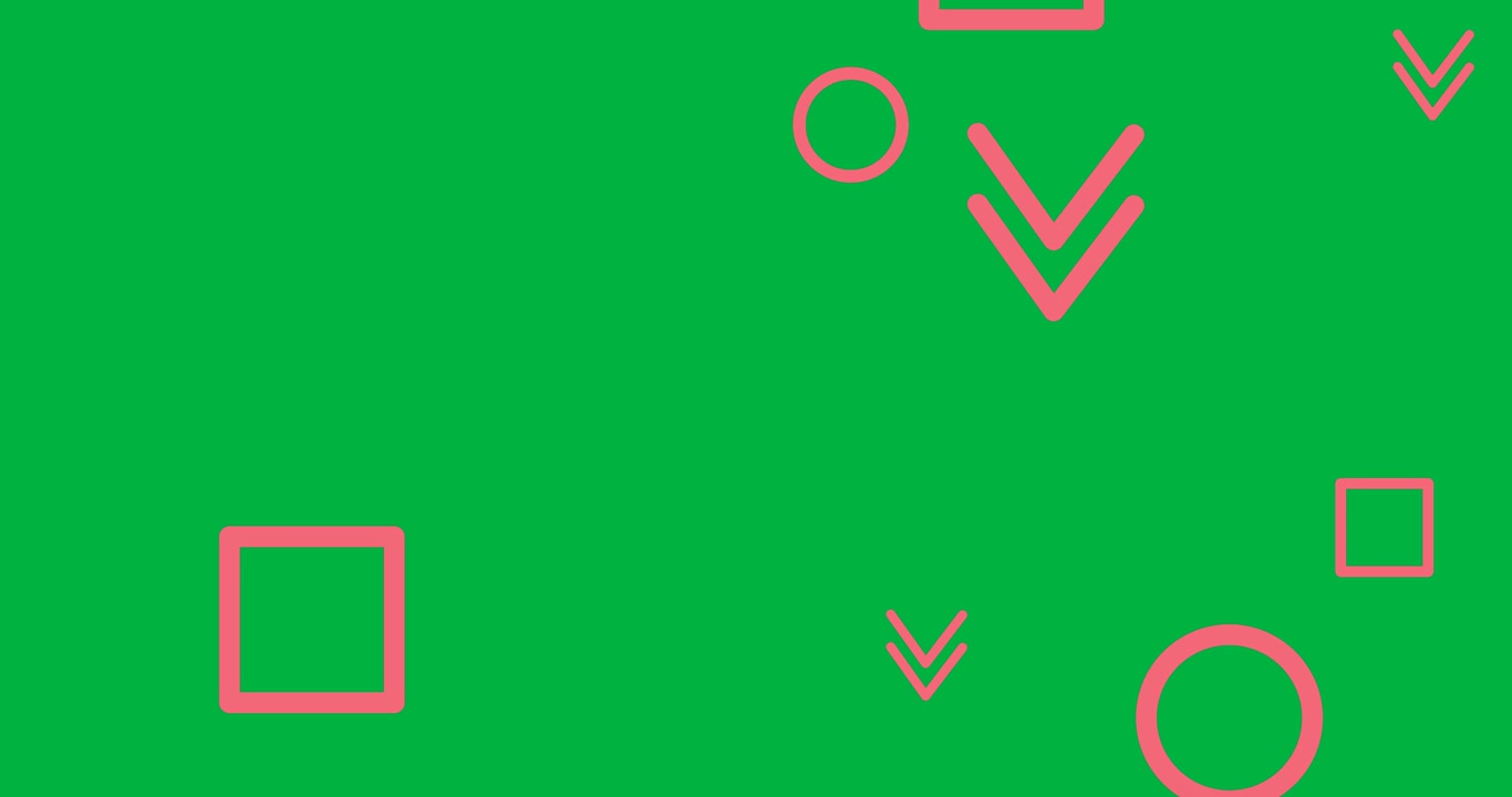 Forme geometriche rosa animate che fluttuano su sfondo verde.