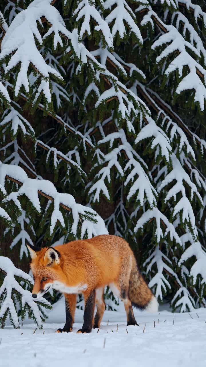 A red fox stands in snow beneath snow-covered pine branches