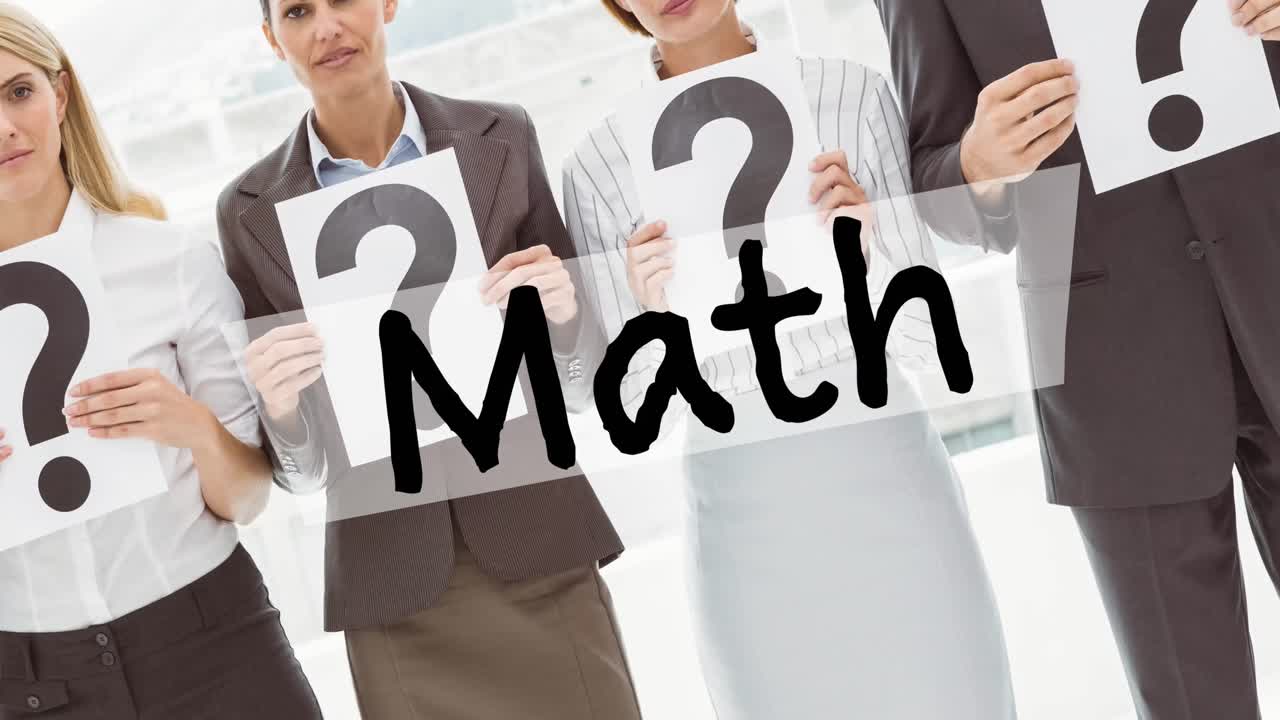 질문표를 들고 있는 다양한 사업가들의 그룹 위에 수학 텍스트의 애니메이션