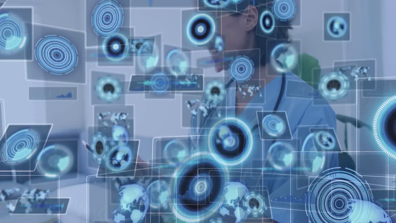 animación del procesamiento de datos sobre una doctora caucásica con una tableta.