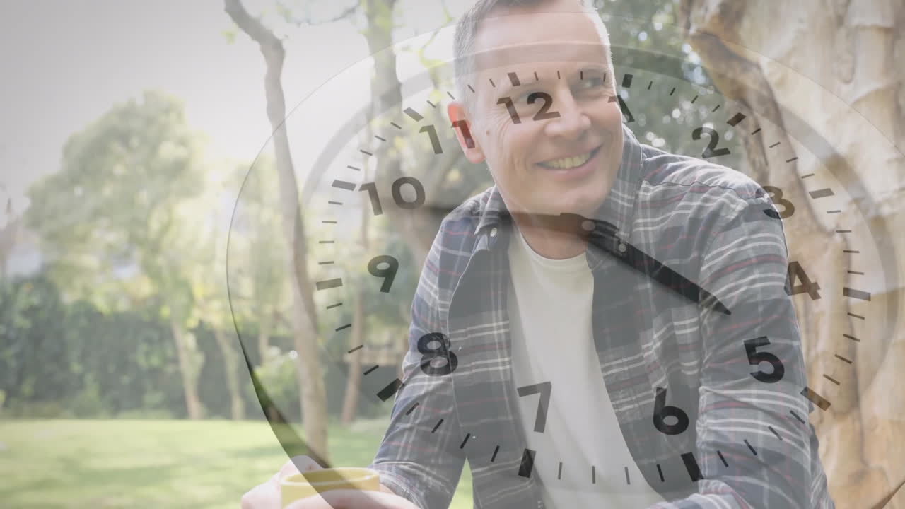 анимация движущихся часов над белым человеком, пьющим кофе в парке.