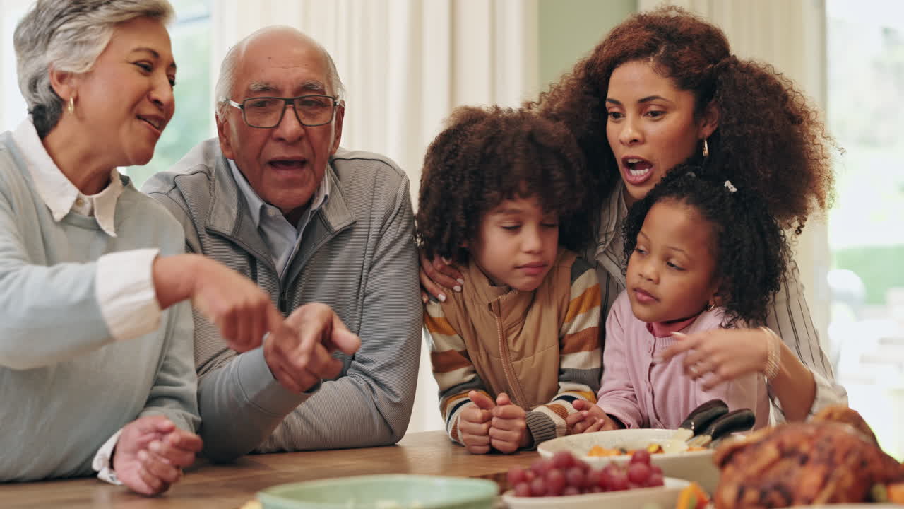 A multi-generational family gathers for a meal