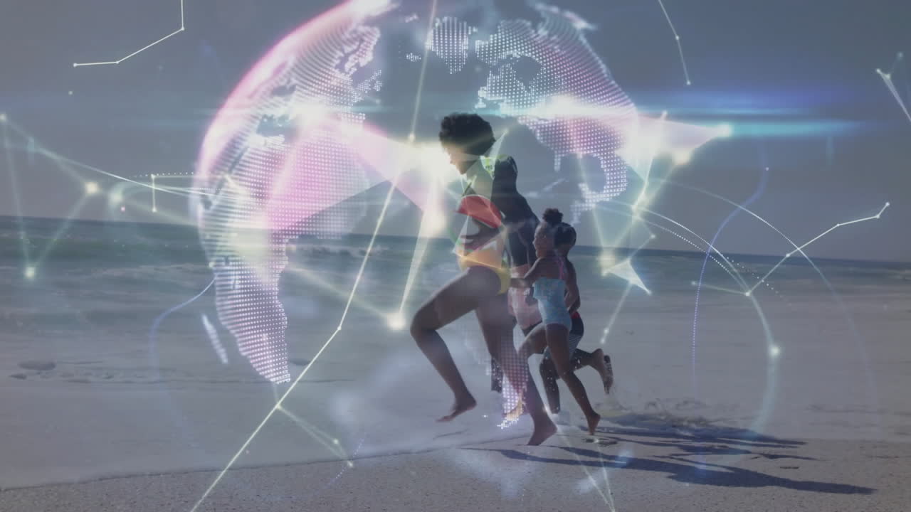 Family running on beach carrying red bucket showing technology globe with network lines