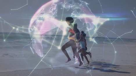 Family running on beach carrying red bucket showing technology globe with network lines