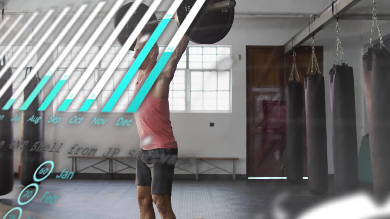 Man lifting barbell in gym with dynamic line animation overlay