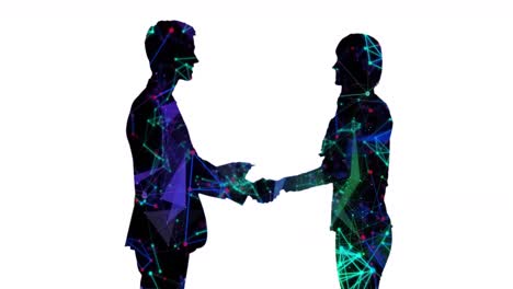 Animation-of-silhouette-of-businessman-and-businesswoman-shaking-hands-on-white-background