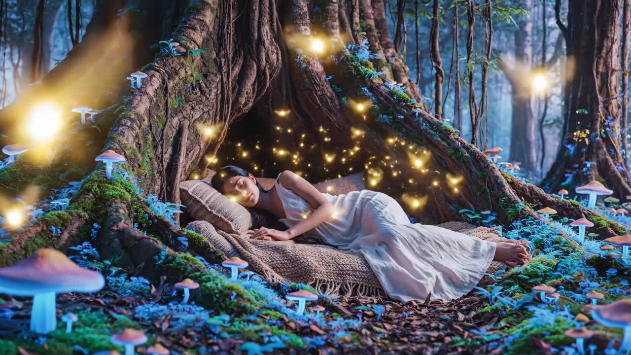Woman Sleeping Under a Tree with Fairy Lights