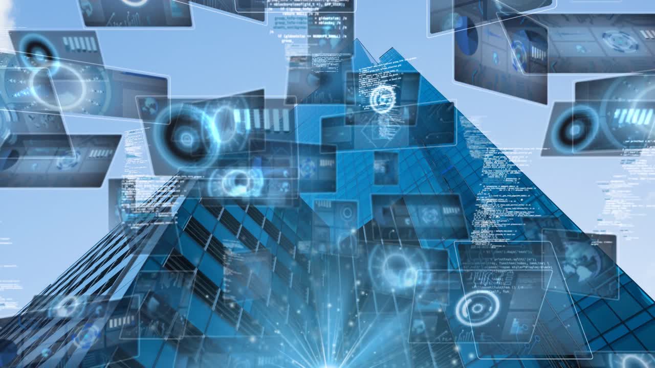 현대적인 사무실 건물 위의 데이터 처리의 애니메이션