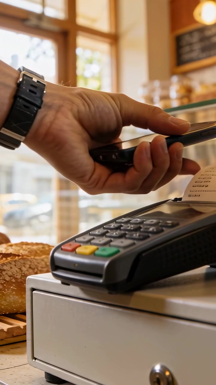 Video verticale: Toccando il telefono sul POS, un ragazzo paga il pane in panetteria, prendendo chiavi e scontrino, orologio.