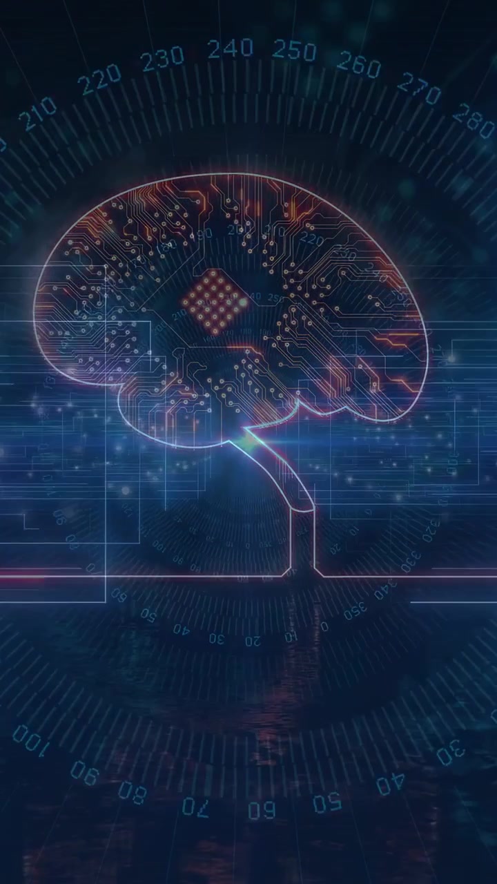 Vertical video: On reveal, neural brain pulsing chip, scanning grids, drifting dots for diagnostics