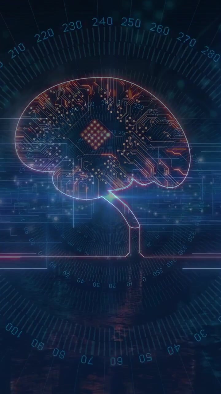 Vertical video: On reveal, neural brain pulsing chip, scanning grids, drifting dots for diagnostics